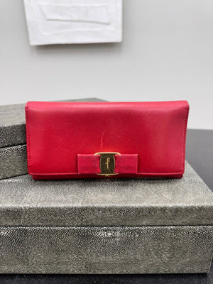 Salvatore Ferragamo Red Saffiano Leather Vara Bow Long Wallet