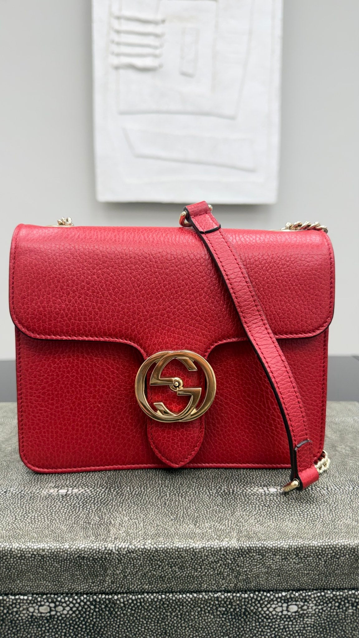 Gucci Red Grained Leather Interlocking G Small Shoulder Bag