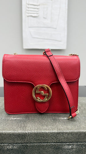 Gucci Red Grained Leather Interlocking G Small Shoulder Bag