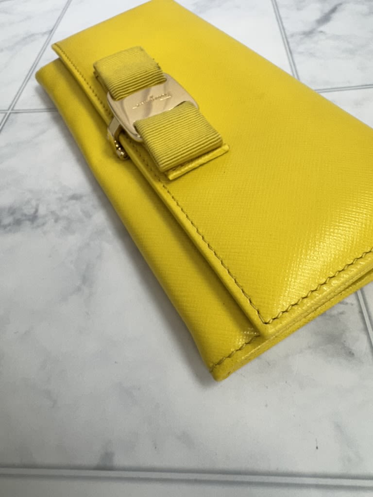 Salvatore Ferragamo Yellow Saffiano Leather Vara Bow Long Wallet