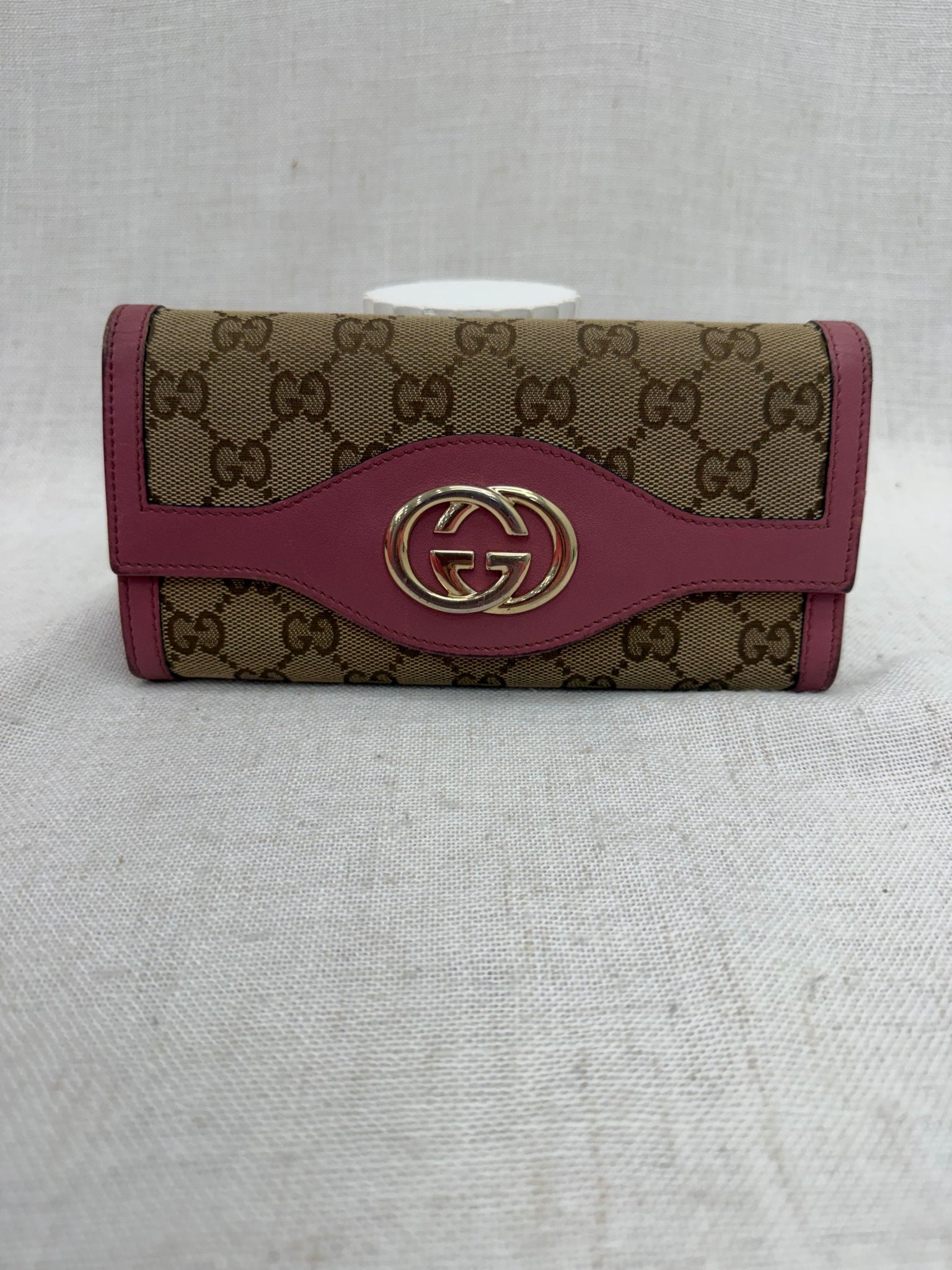 Gucci GG Canvas & Pink Leather Interlocking G Long Wallet