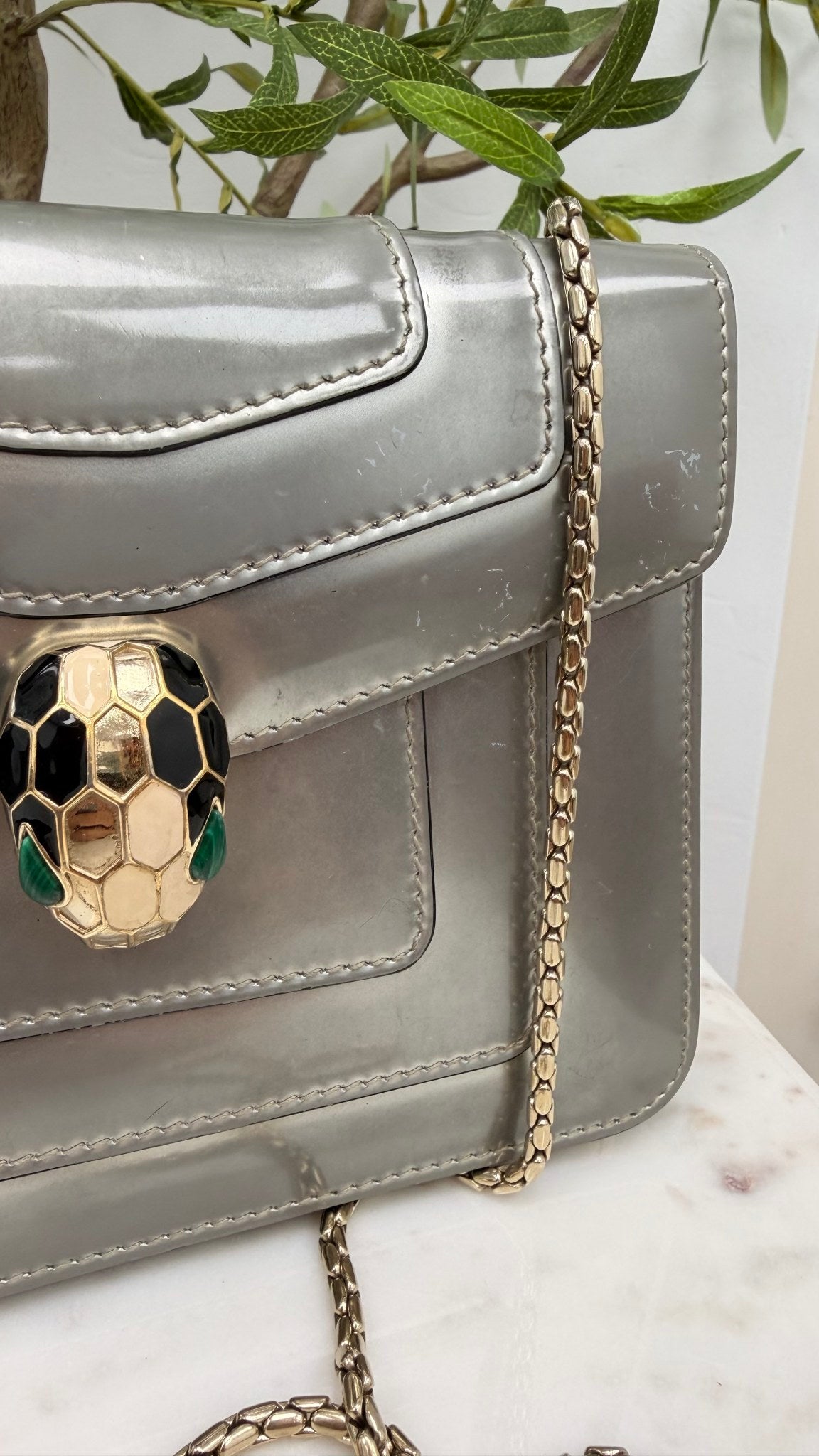 Bvlgari Patent Silver Serpenti Crossbody Bag