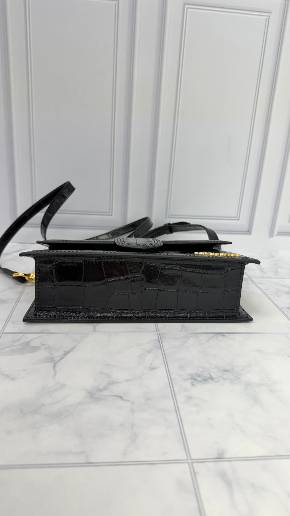BRAND NEW - Jacquemus Black Croc Embossed Leather Le Grand Bambino 2Way Handbag 