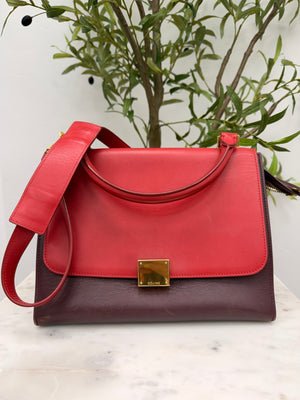 Celine Red & Burgundy Leather Small Trapeze Bag