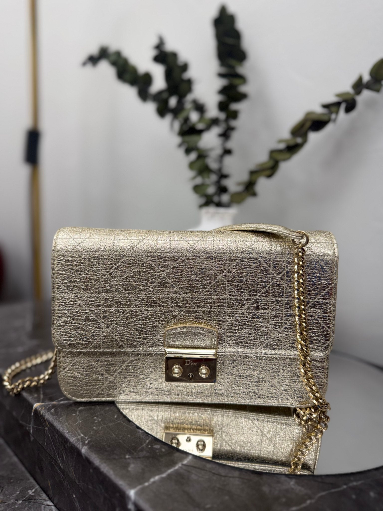 Christian Dior Gold Metallic Leather Miss Dior Promendade Chain wallet 