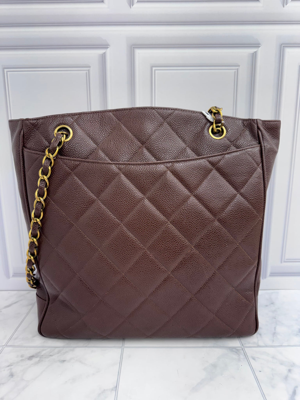 Chanel Brown Quilted Caviar Leather Jumbo CC Shopper Tote Bag 