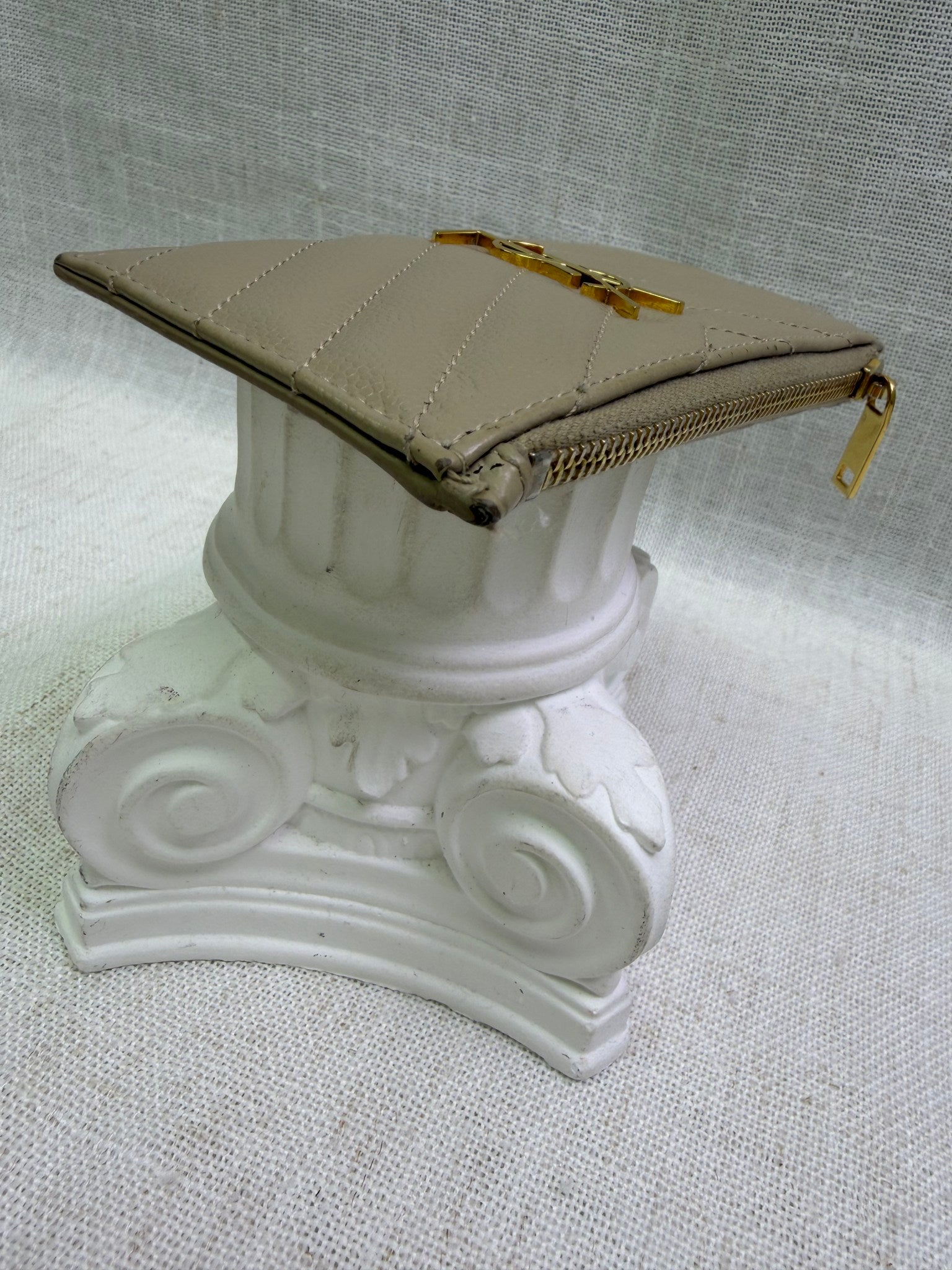 Saint Laurent YSL Tan Pebbled Leather Zippy Card Case