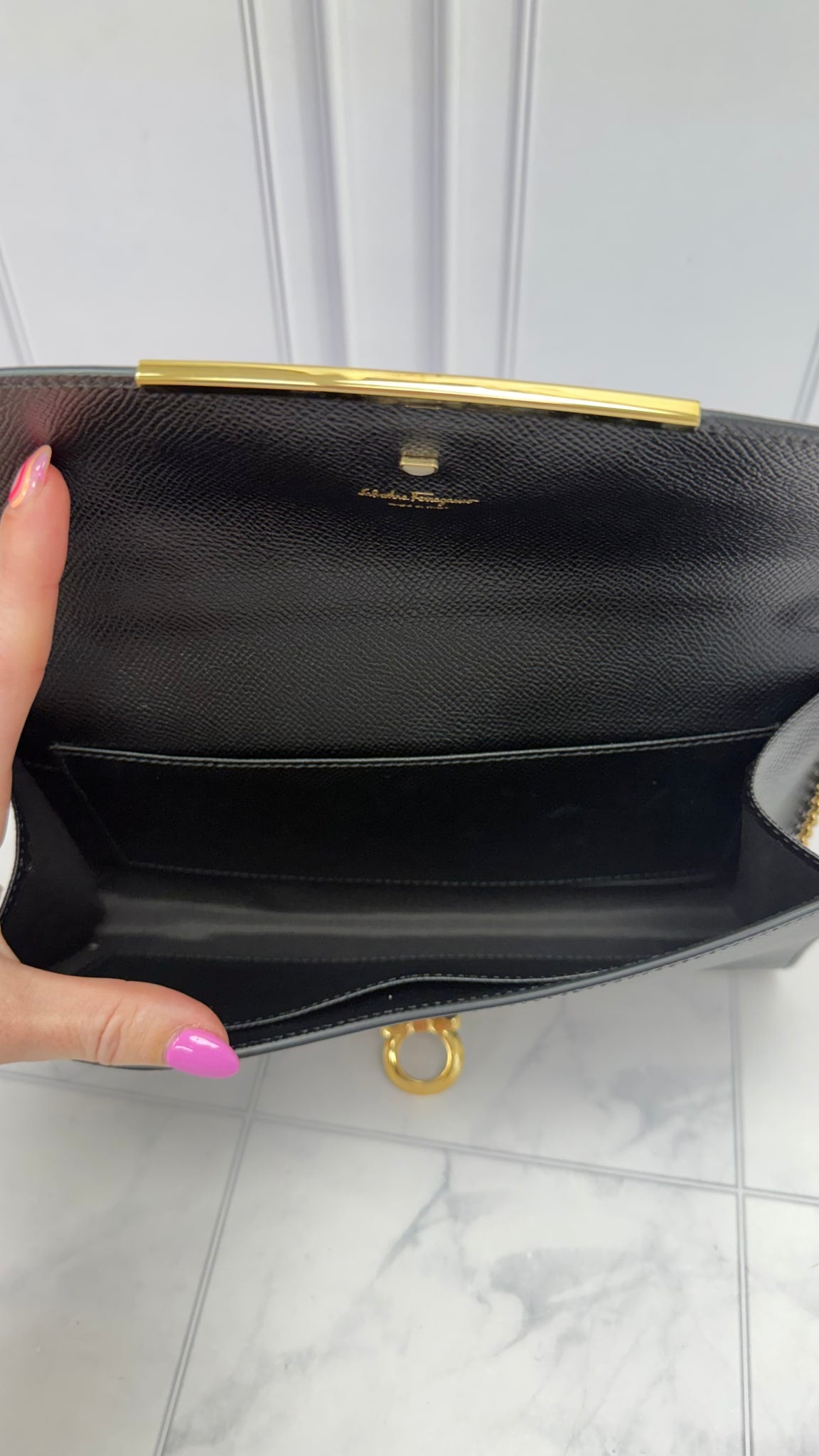 Salvatore Ferragamo Black Leather Clutch on a Chain