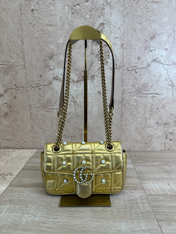 Gucci GG Marmont Metallic Gold Studded Mini Pearl Crossbody