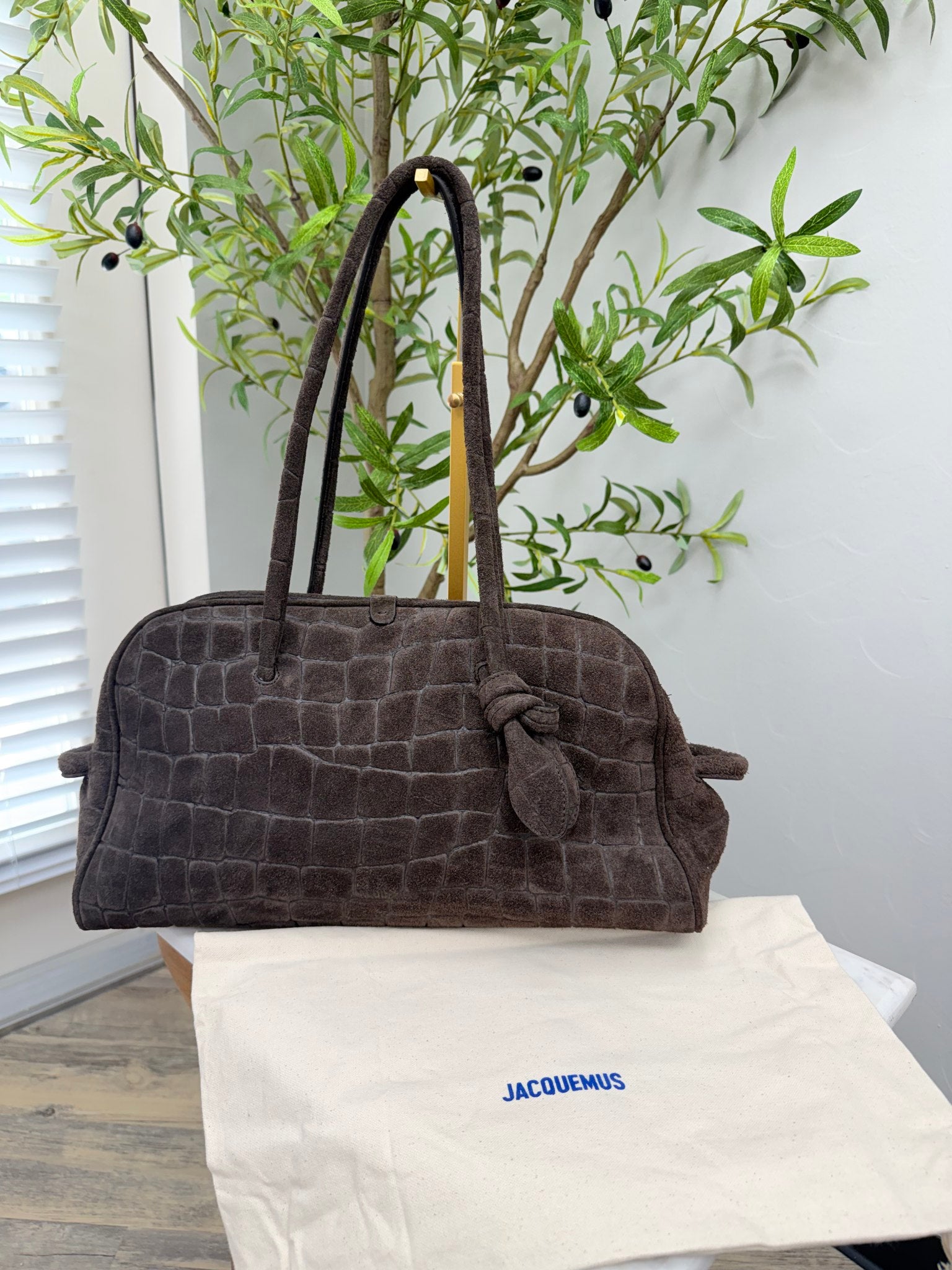BRAND NEW - Jacquemus Chocolate Brown Croc Embossed Suede Leather Le Turismo Shoulder Bag