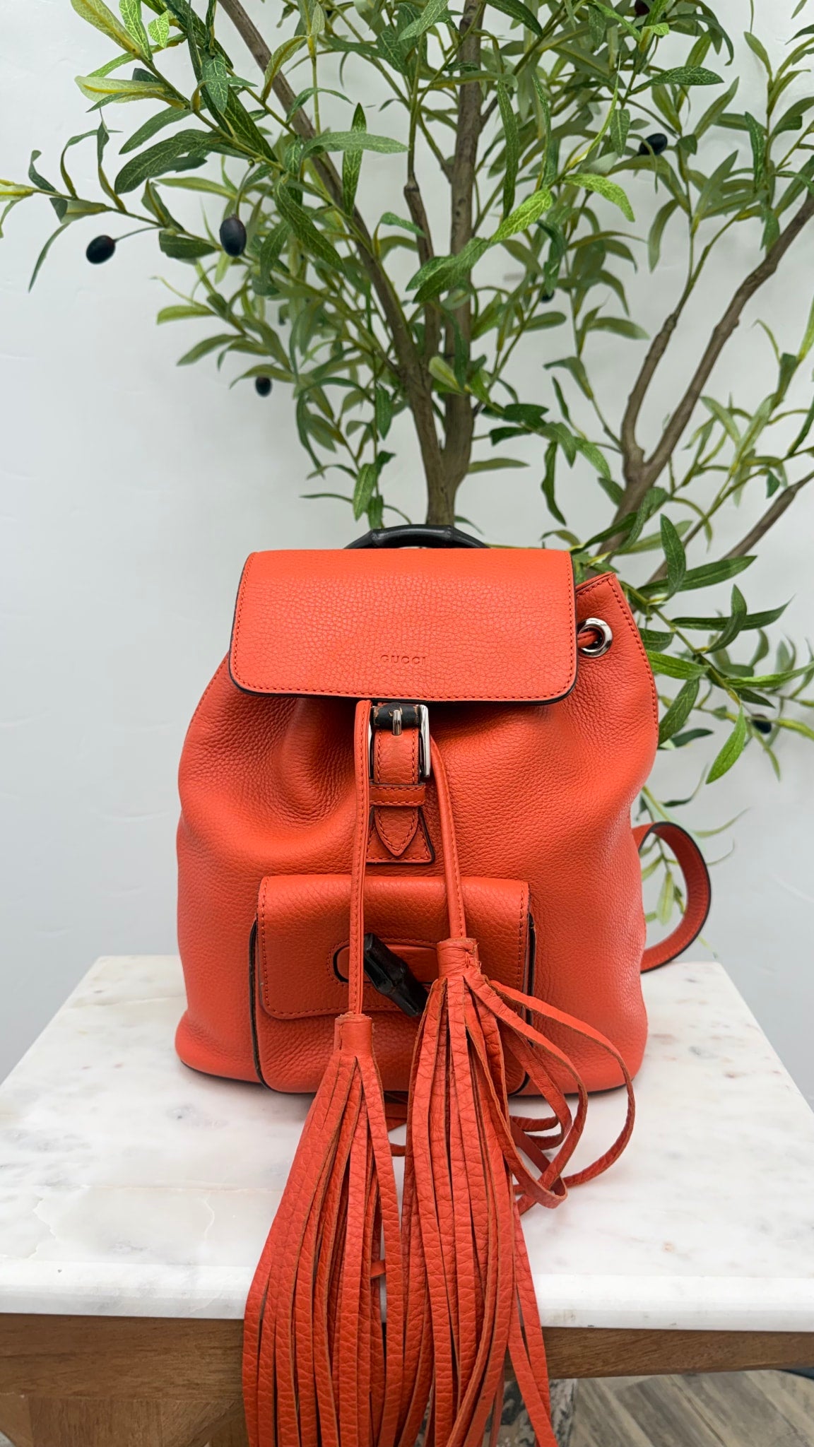 Gucci Orange Grained Leather Bamboo Backpack