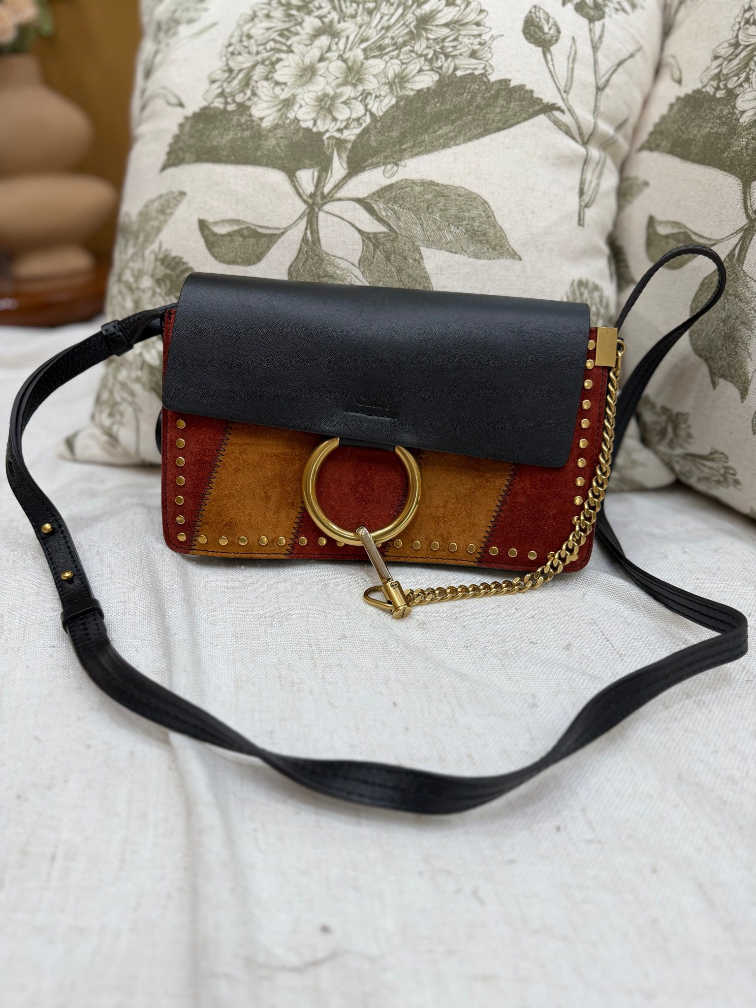 Chloe Tricolor Patchwork Suede & Leather Studded Faye Shoulder Bag