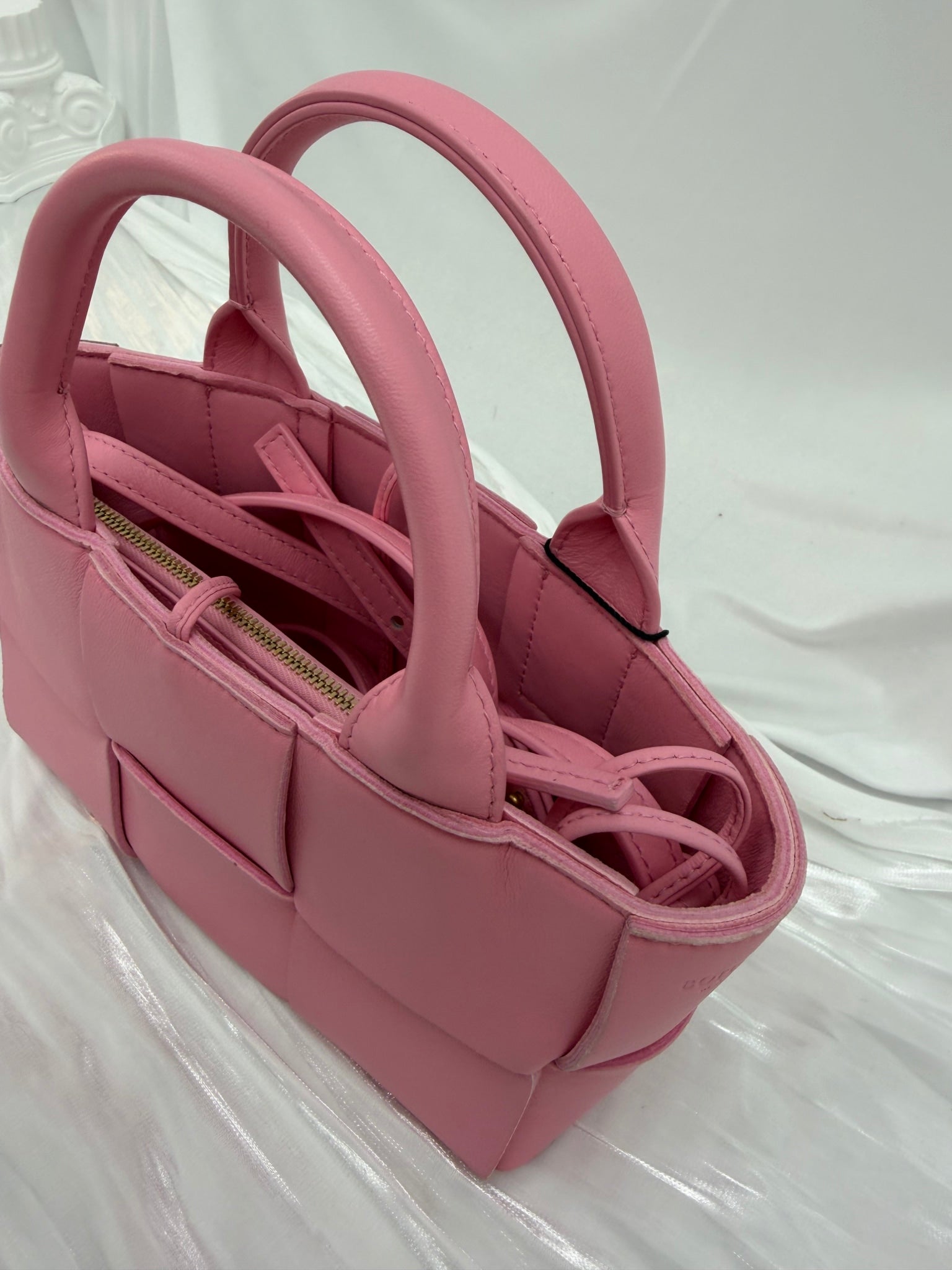 Bottega Veneta Pink Lambskin Maxi Intreccio Candy Arco Tote Ribbon