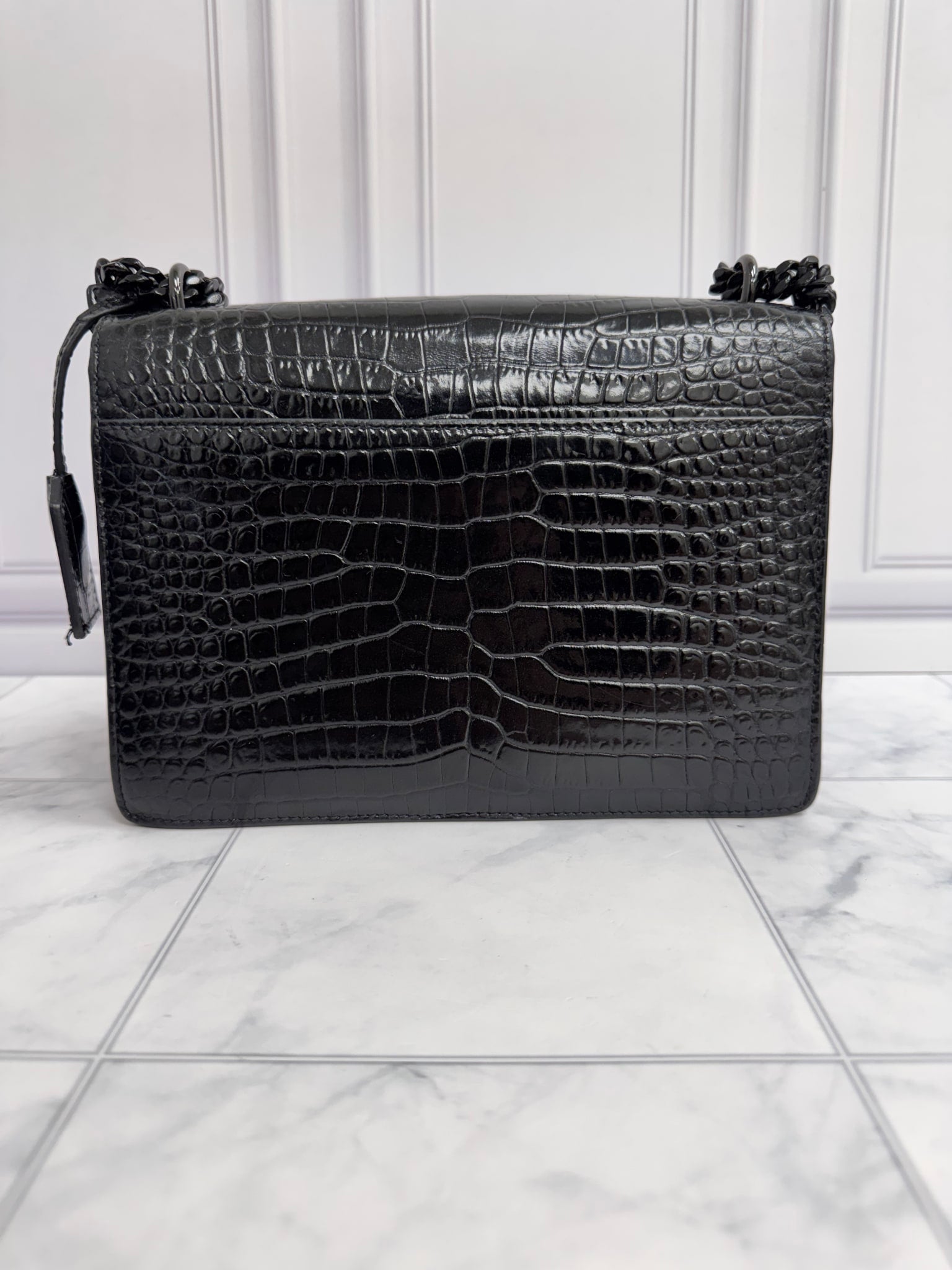 Saint Laurent YSL Black Croc Embossed Medium Sunset Bag