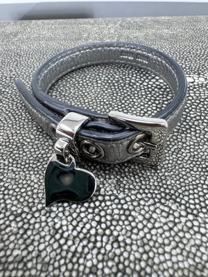 Miu Miu Metallic Silver Leather Heart Charm Bracelet