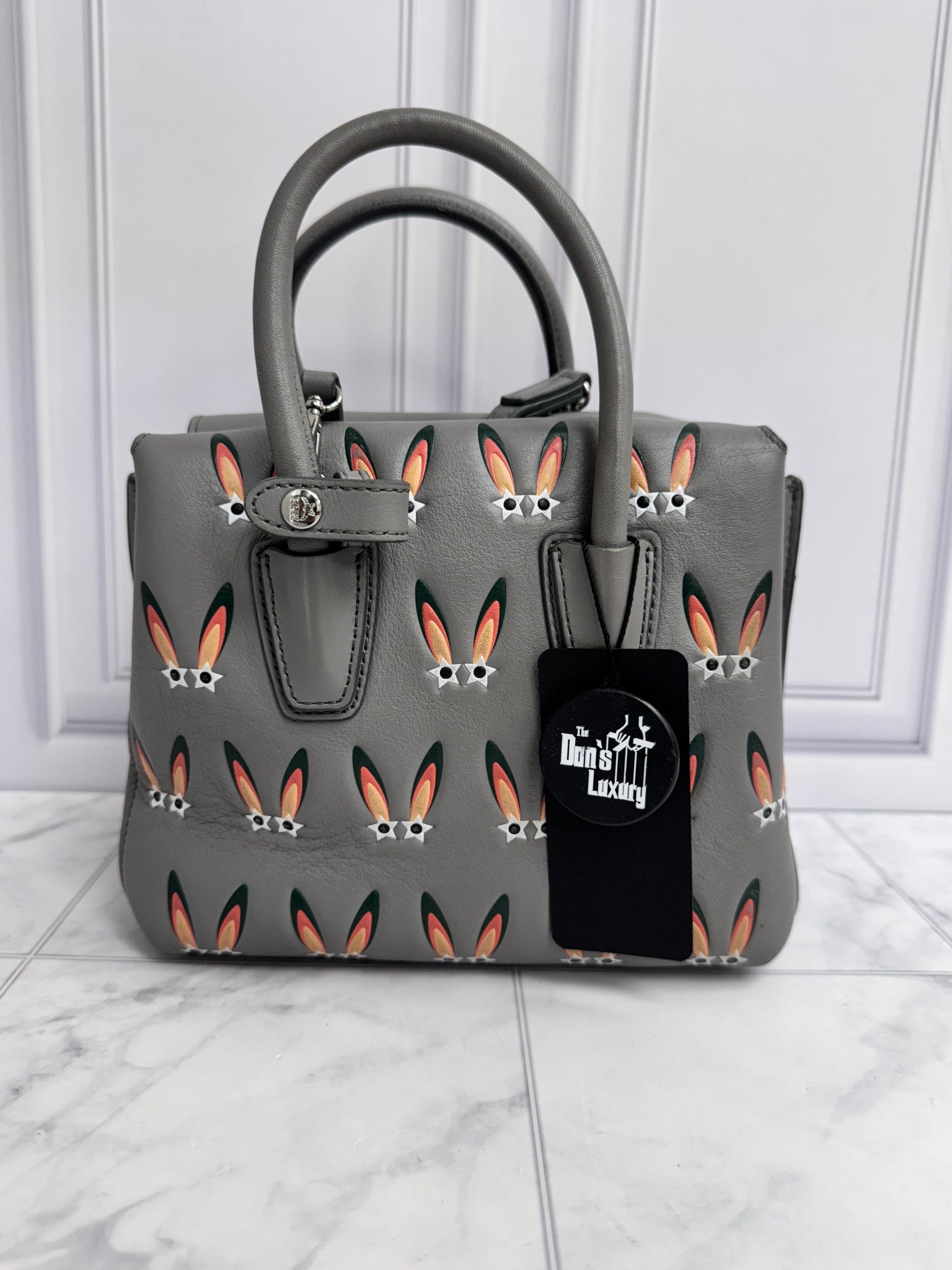 MCM Grey Leather Star Eyed Bunny Mini Tote Bag