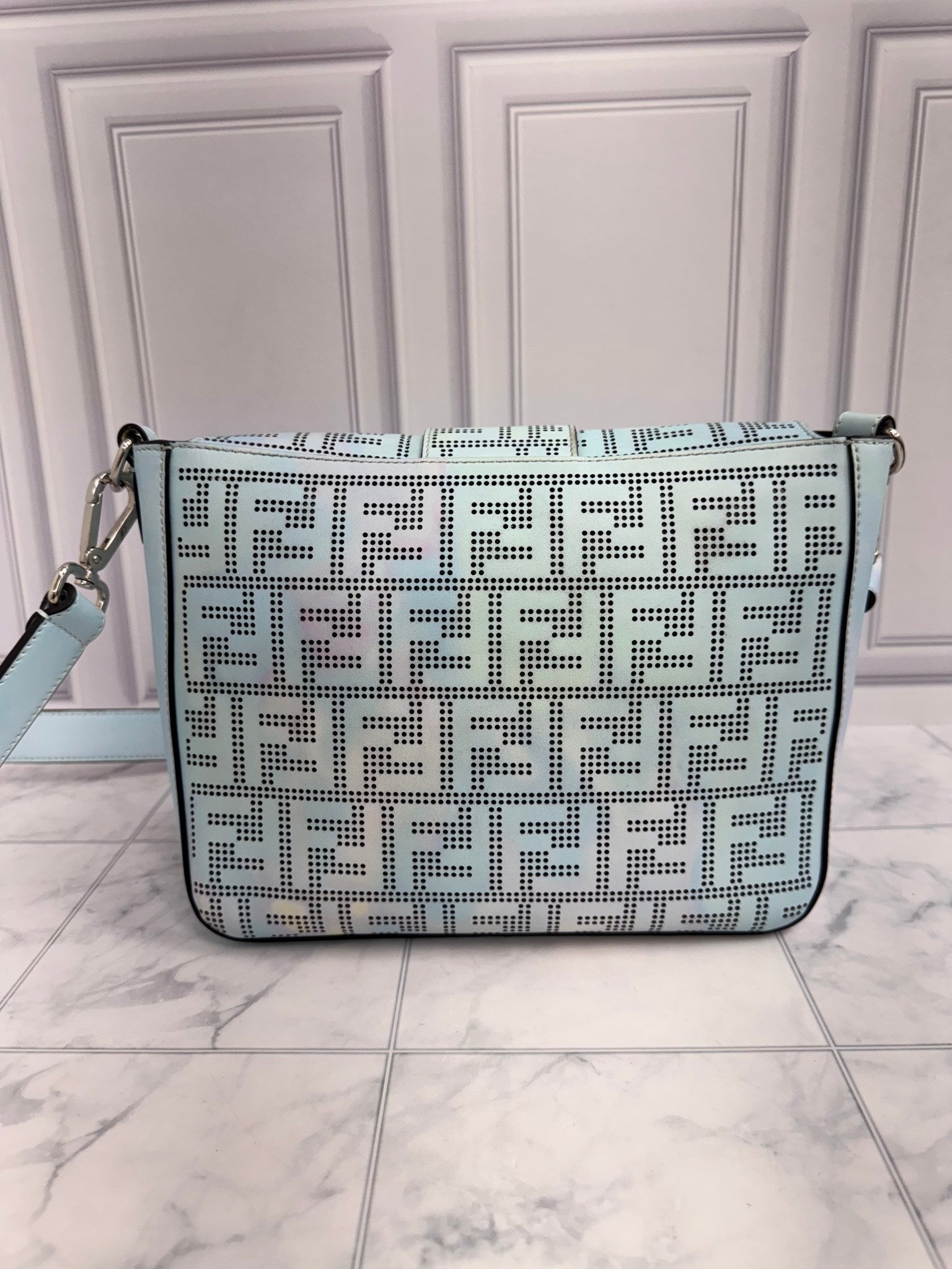 Fendi Baby Blue Tie Dye Perforated Zucca Leather Baguette Medium Messenger Bag
