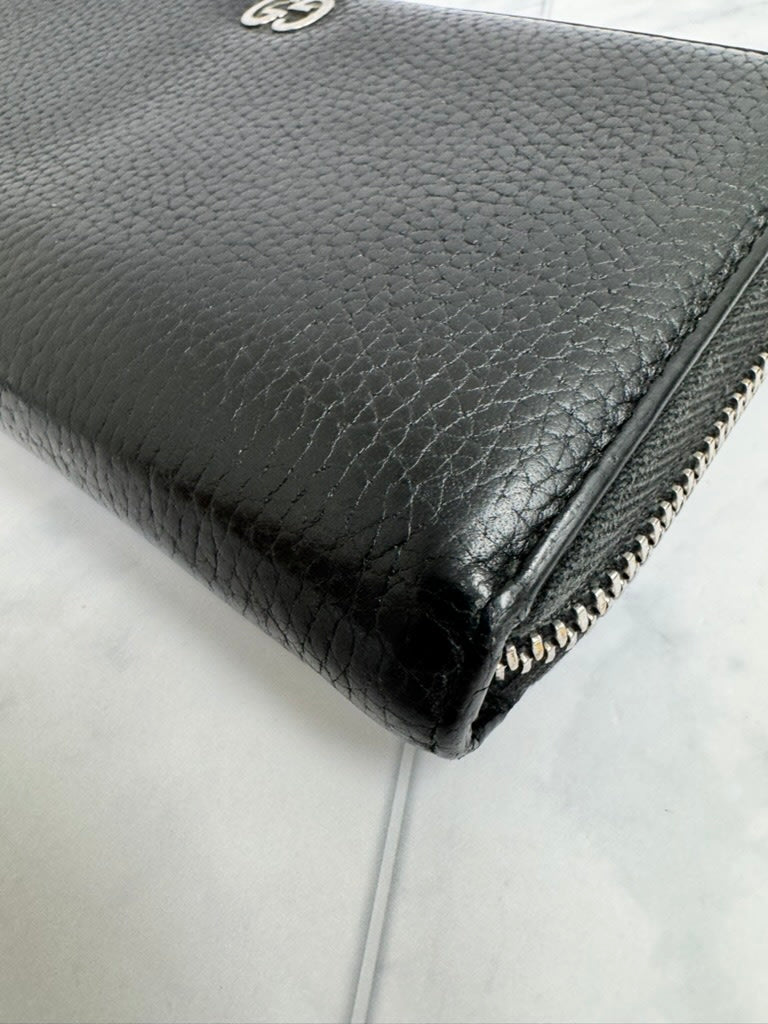 Gucci Black Grained Leather Long Zippy Wallet