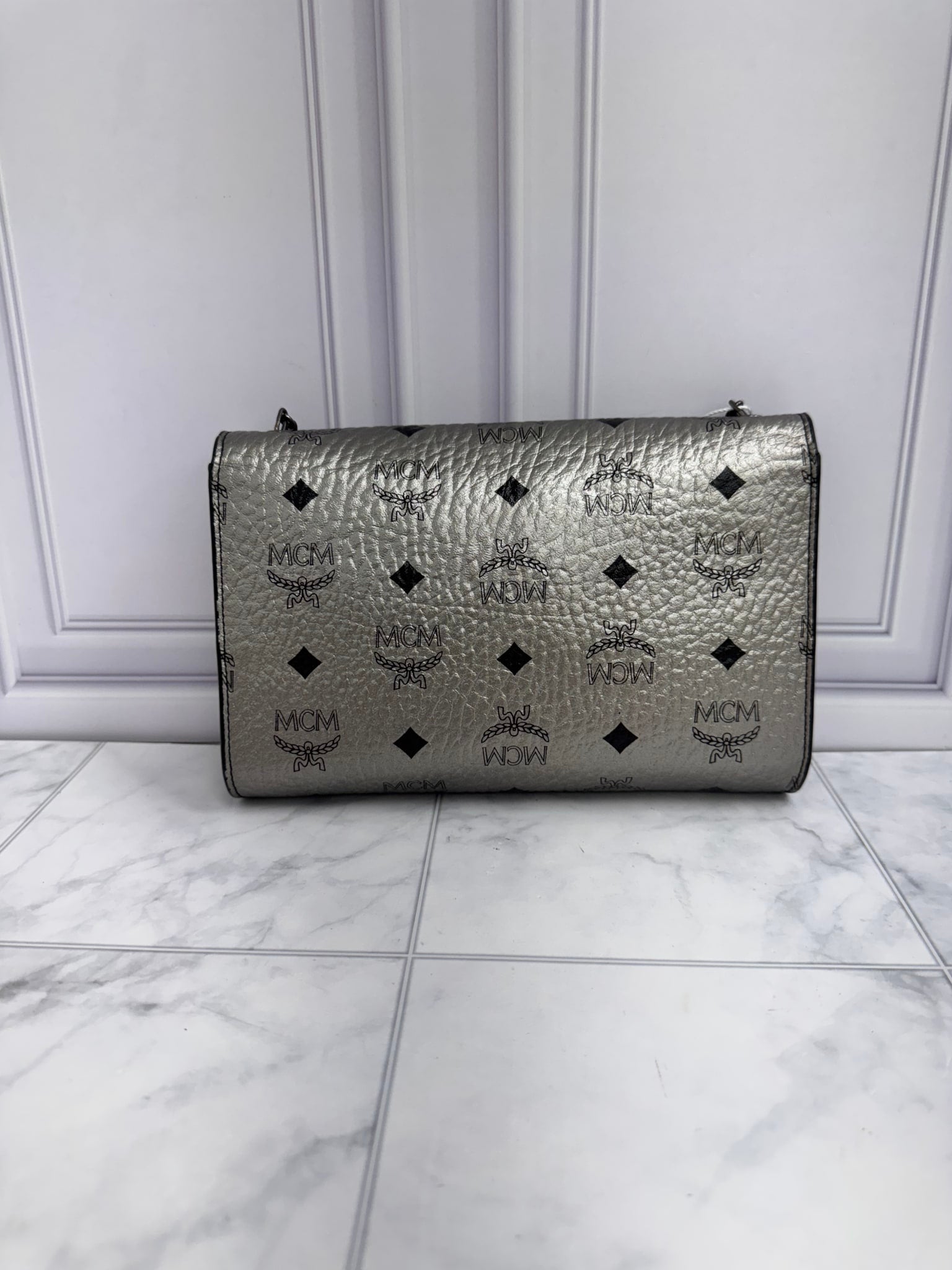 MCM Silver Visetos Monogram Studded Chain Crossbody Bag