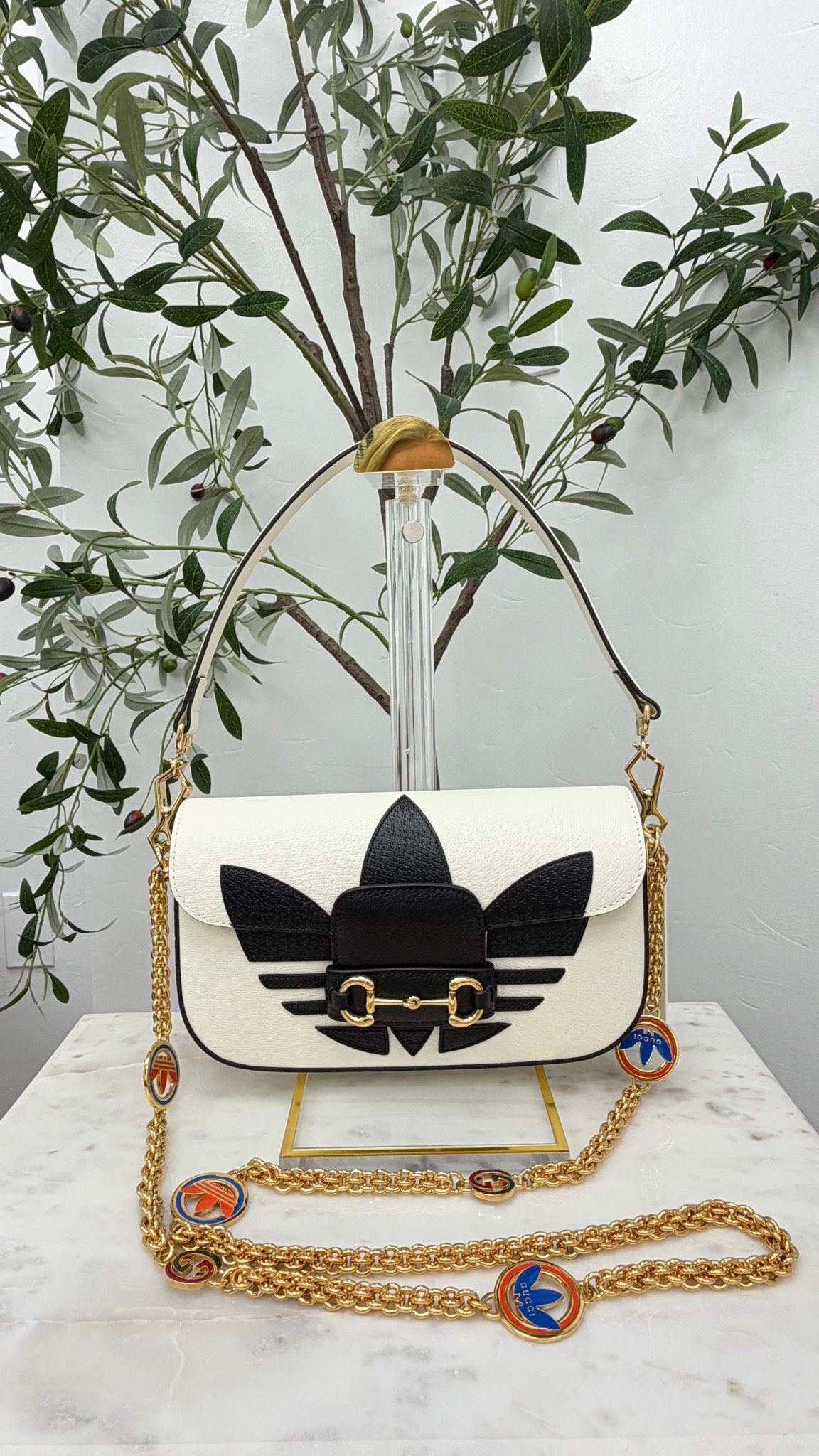 BRAND NEW - Gucci x Adidas White And Black Leather 1955 Horsebit Handbag 