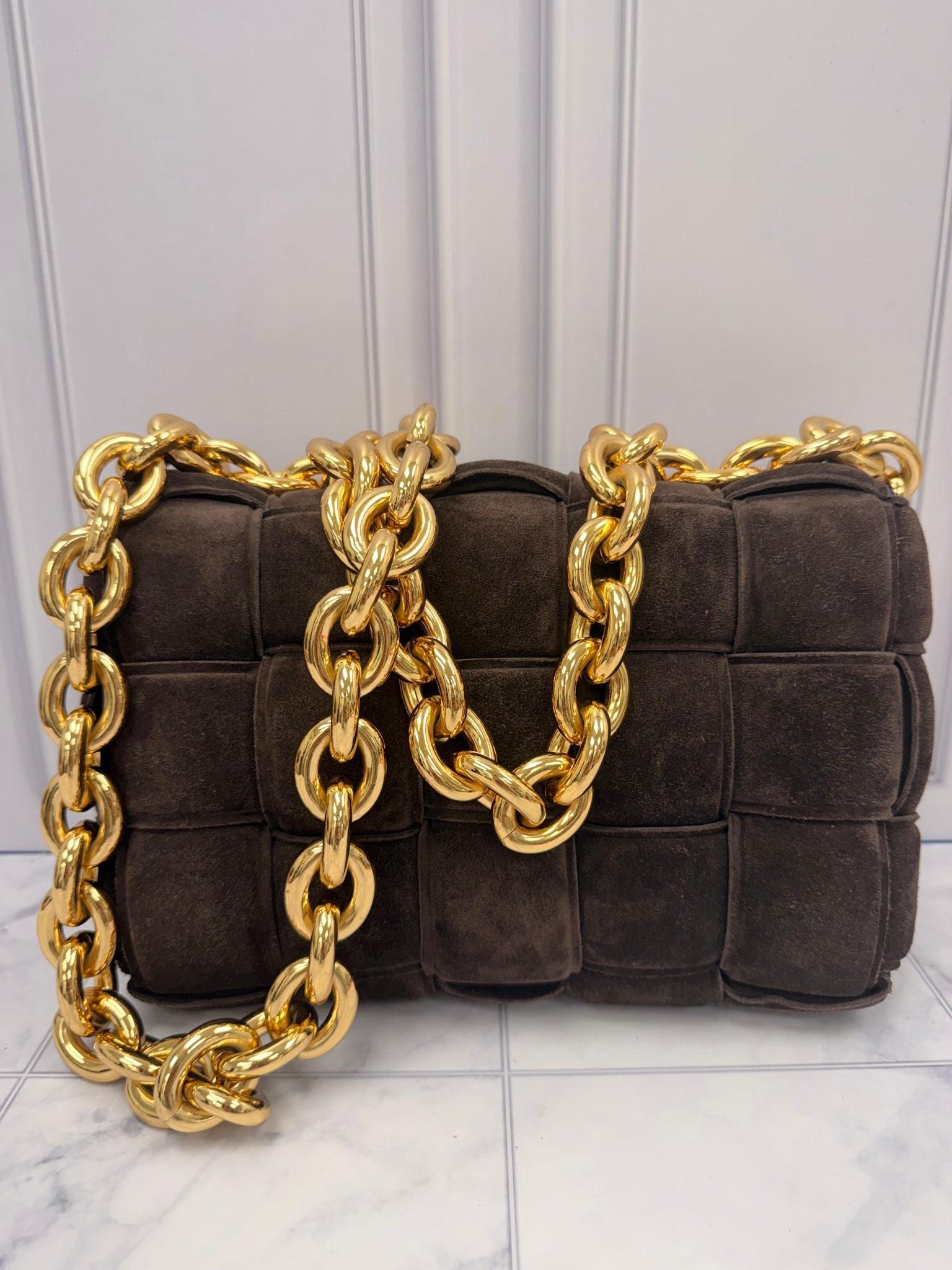 Bottega Veneta Brown Suede Padded Chain Cassette Shoulder Bag