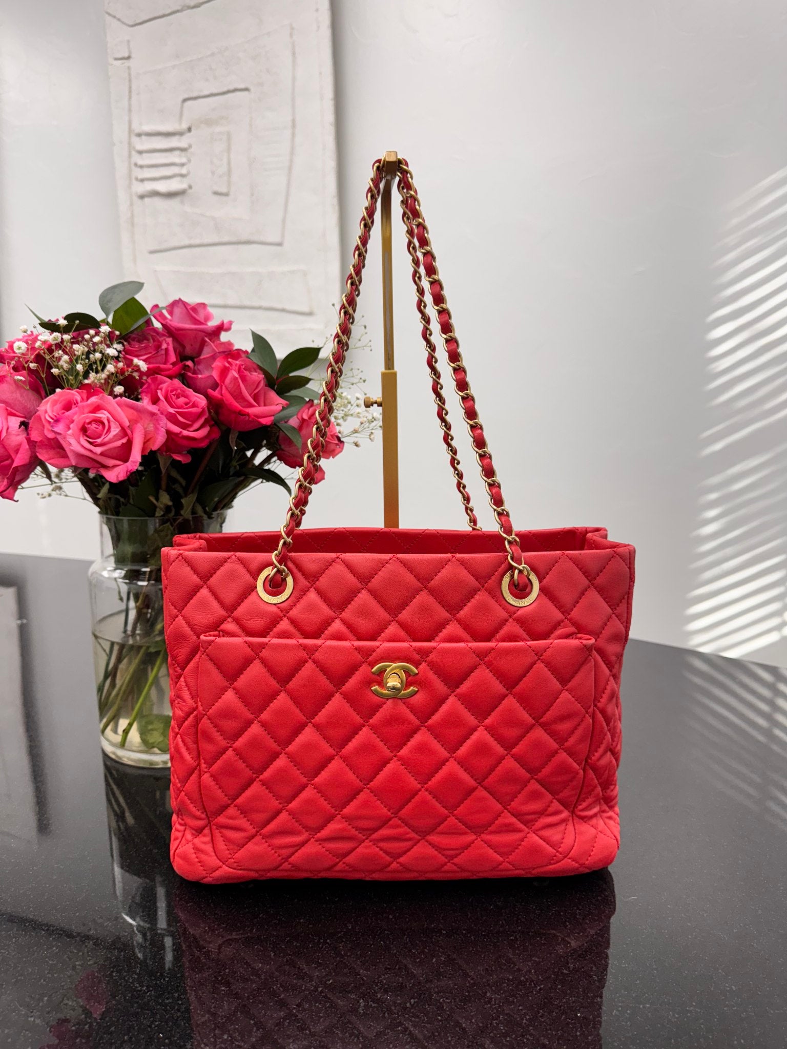 Chanel Red Quilted Lambskin Leather Front Pocket Shopping Tote