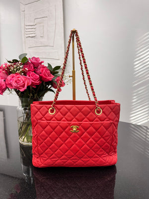 Chanel Red Quilted Lambskin Leather Front Pocket Shopping Tote