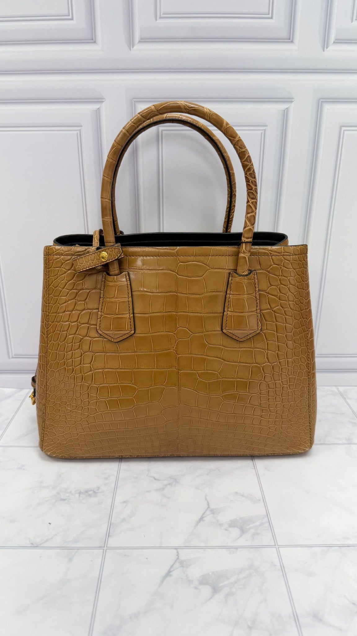 Prada Caramel Croc Embossed Leather Top Handle 2Way Bag