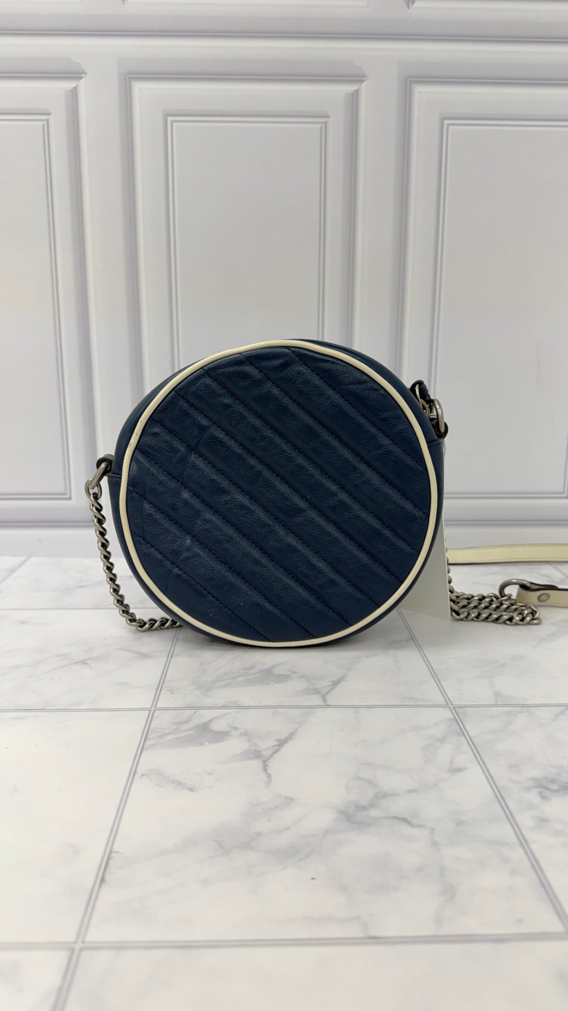 Gucci Blue Leather GG Marmont Round Chain Crossbody Bag 