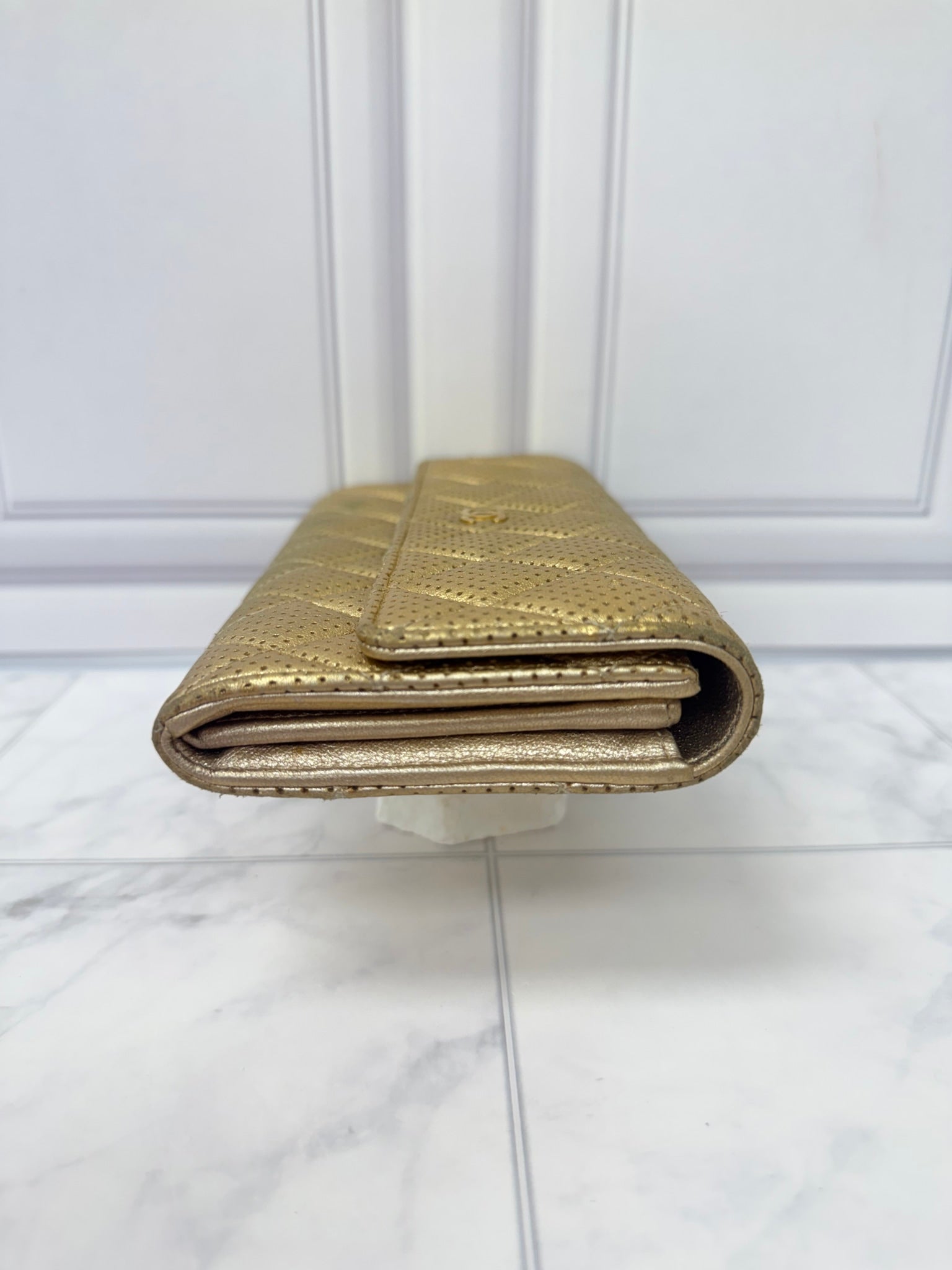 Chanel Gold Perforated Leather Flap Wallet 