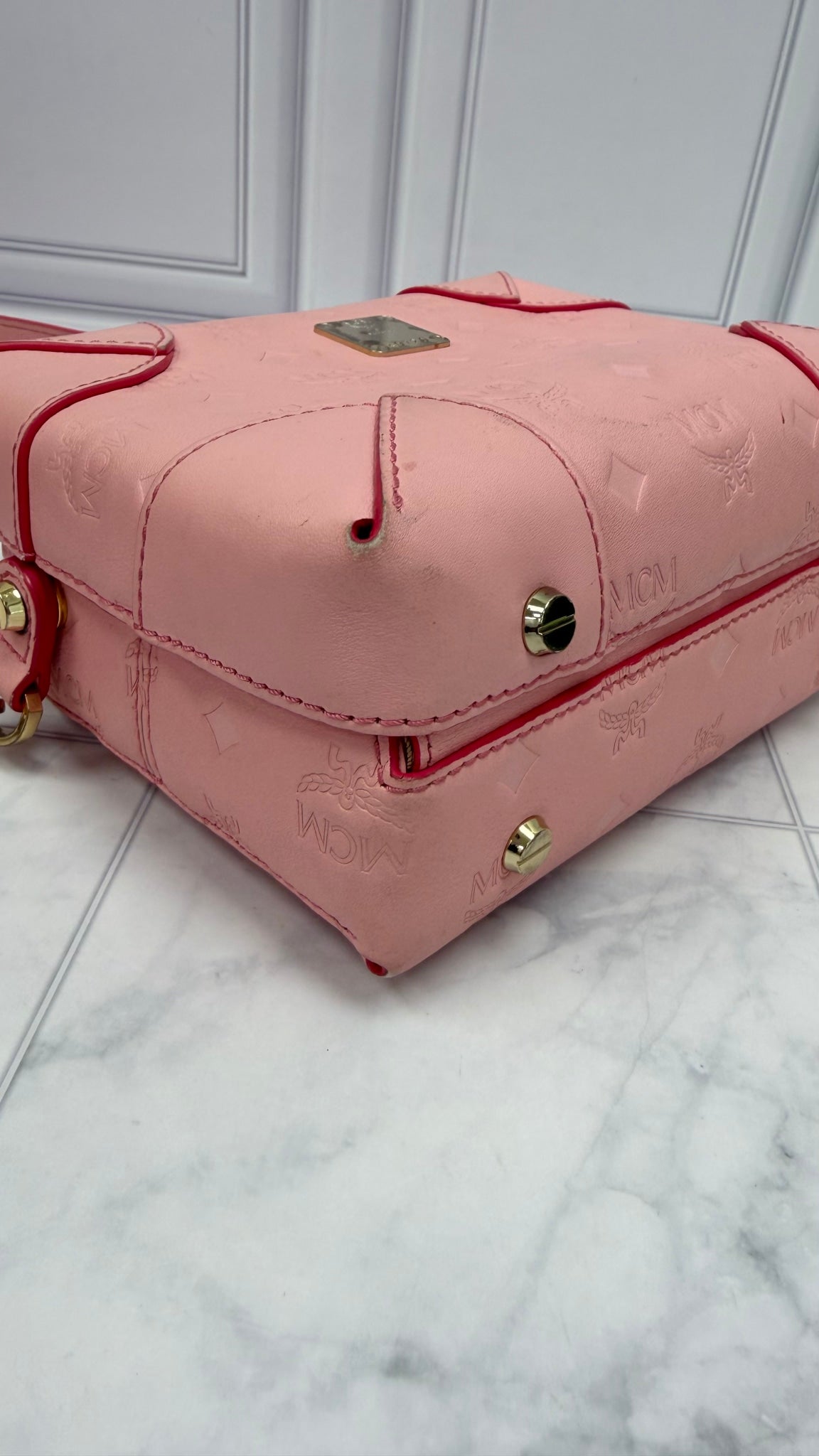 MCM Light Pink Embossed Visetos Leather Soft Berlin Box Trunk Crossbody