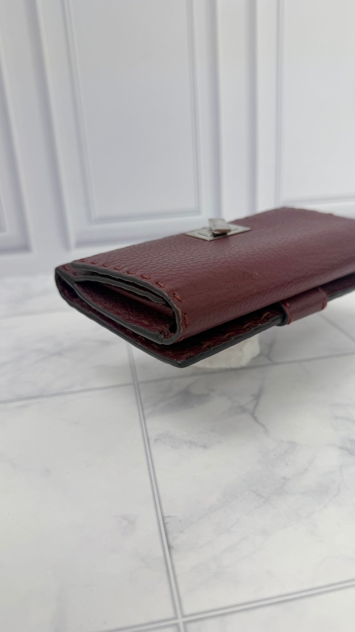 Fendi Plum Pebbled Leather Selleria Peekaboo Wallet 