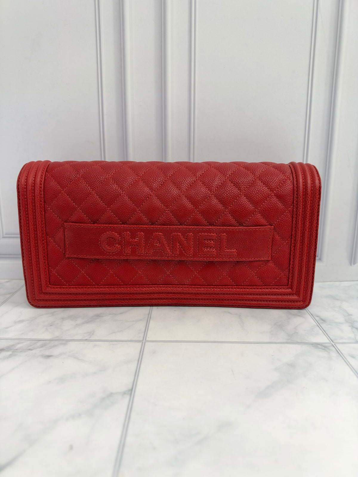 Chanel Red Quilted Caviar Leather Boy Flap Clutch Bag