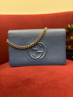 Gucci Blue Pebbled Leather Soho Wallet on a Chain