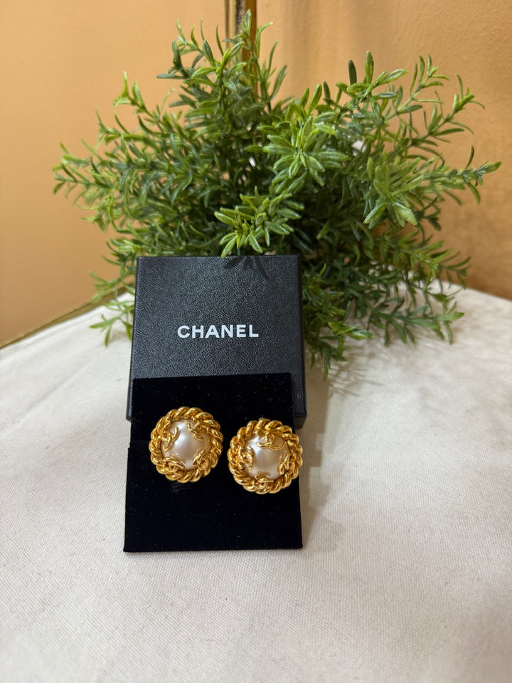 Chanel Gold CC Pearl Clip On Earrings