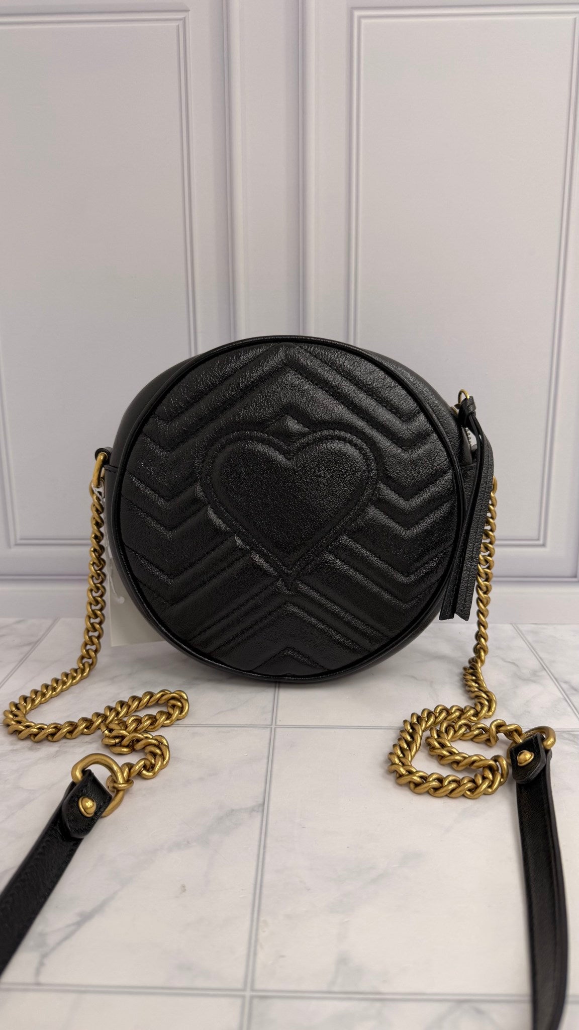 Gucci Black Chevron Matelasse Leather GG Marmont Mini Round Shoulder Bag