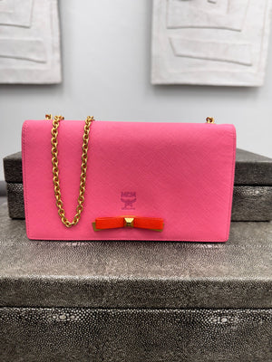 MCM Pink Saffiano Leather Wallet On A Chain