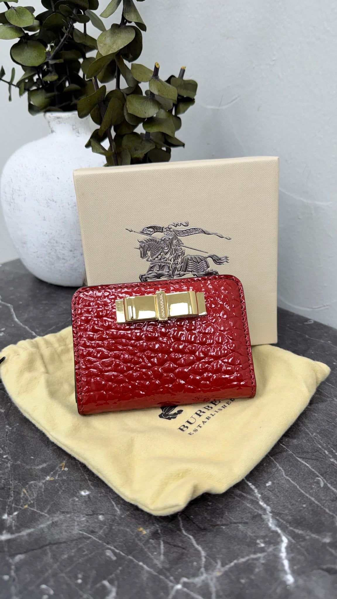 Burberry Red Embossed Patent Leather Compact Bow Wallet