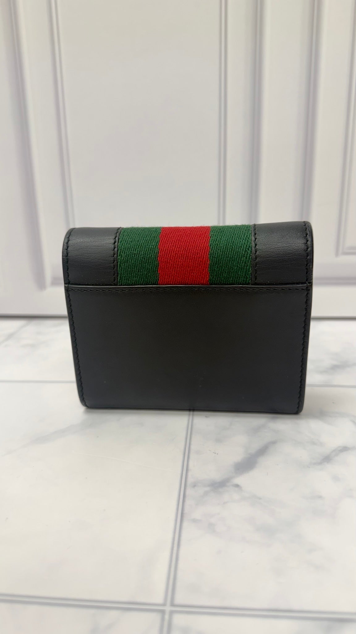 Gucci Black Leather Web Sylvie Compact Trifold Wallet