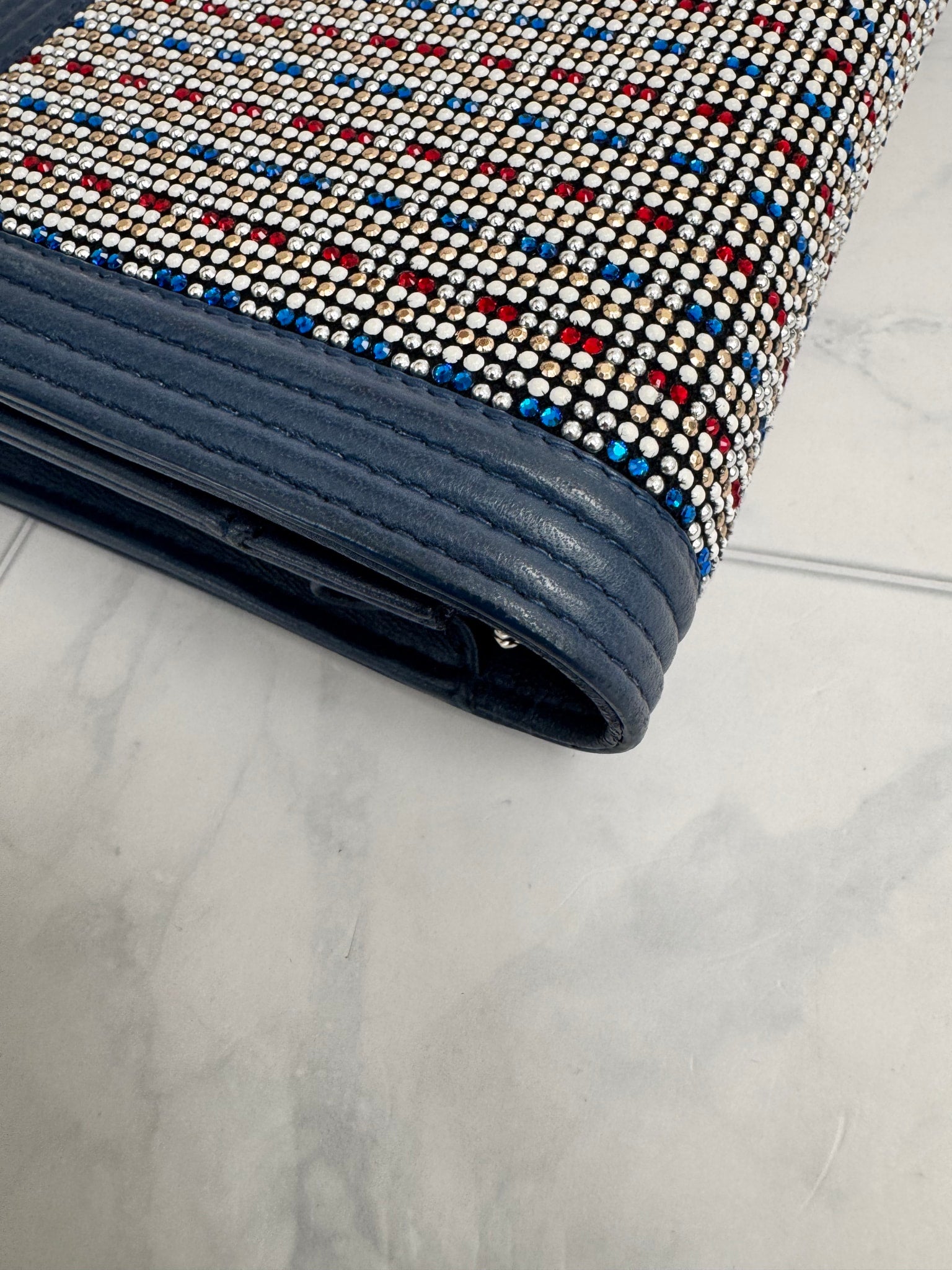 Chanel Blue Embellished Strass Boy Wallet On A Chain