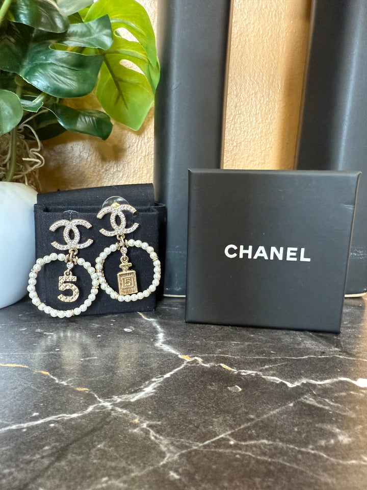 Chanel Crystal Pearl Chanel Charms CC Drop Earrings