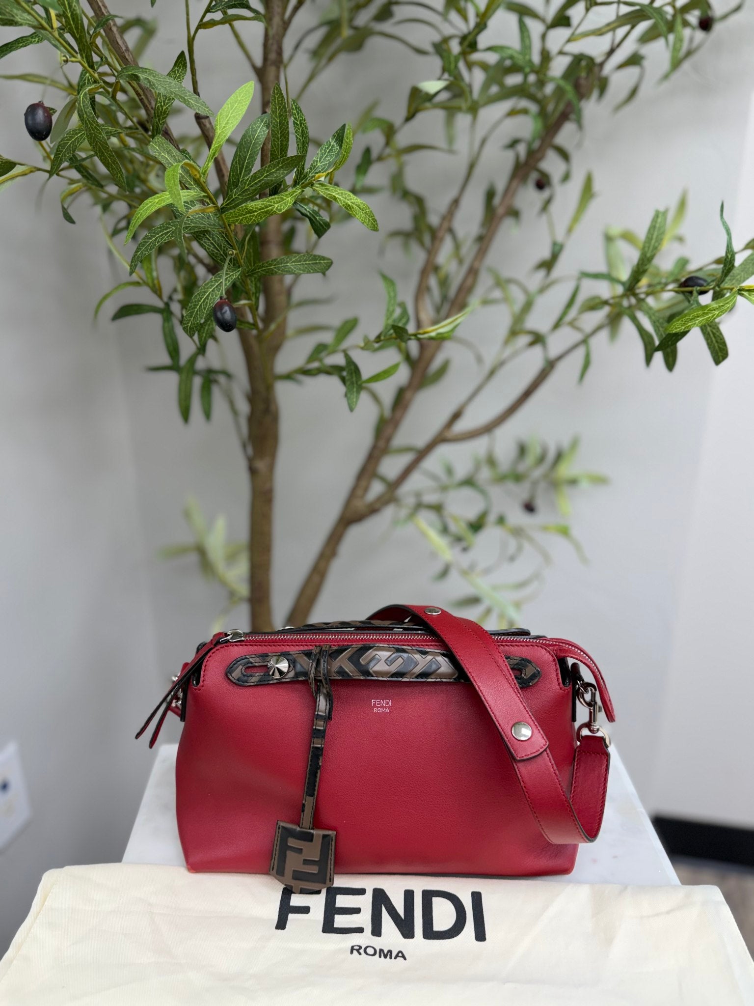 Fendi Red Leather By the Way Medium Boston Shoulder Bag 