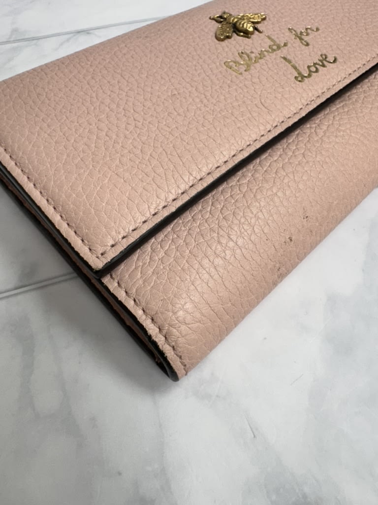Gucci Light Pink Pebbled Leather Animalier Bee Long Wallet