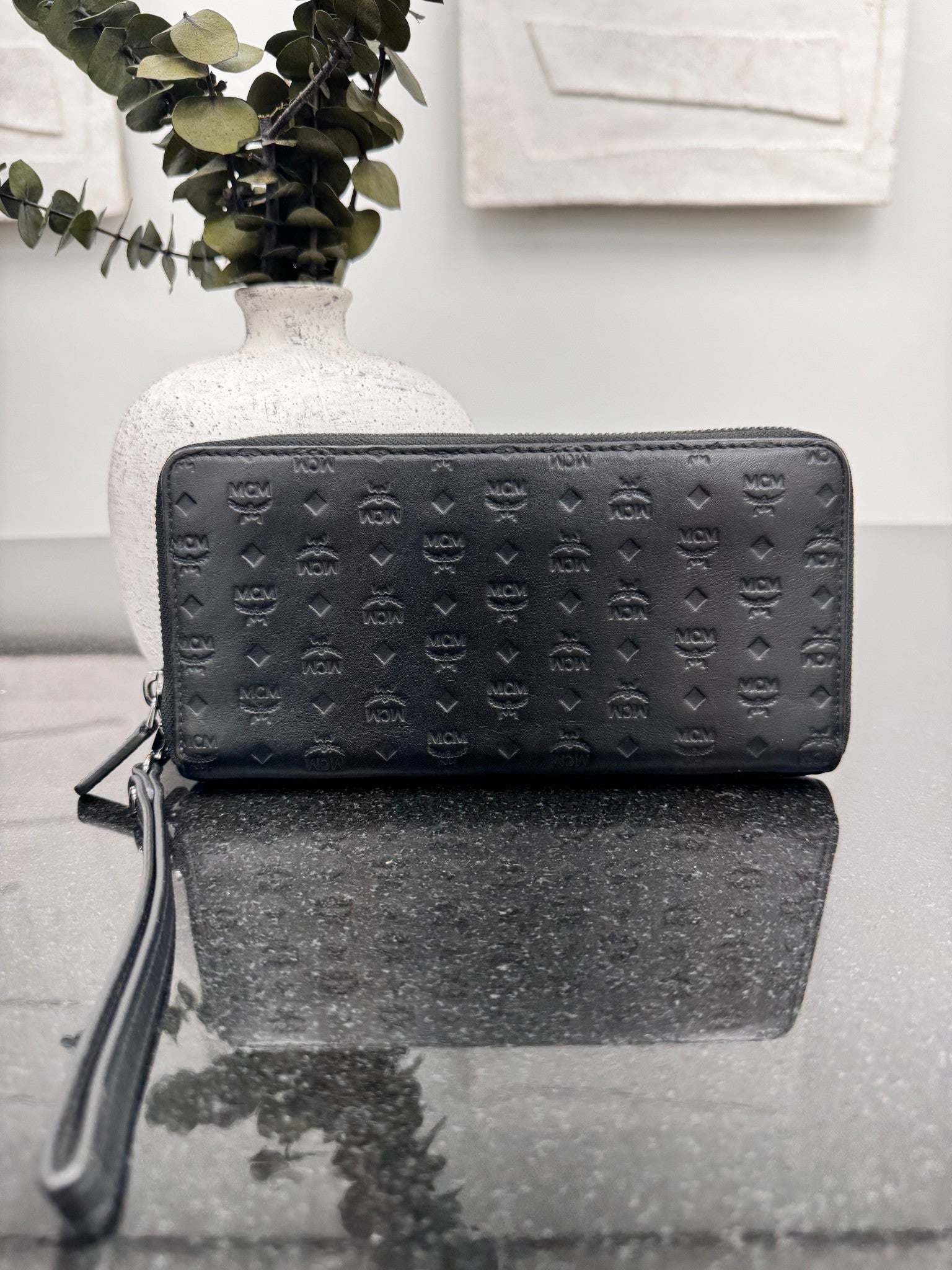 MCM Black Visetos Embossed Leather Zippy Wallet