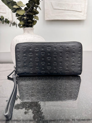 MCM Black Visetos Embossed Leather Zippy Wallet