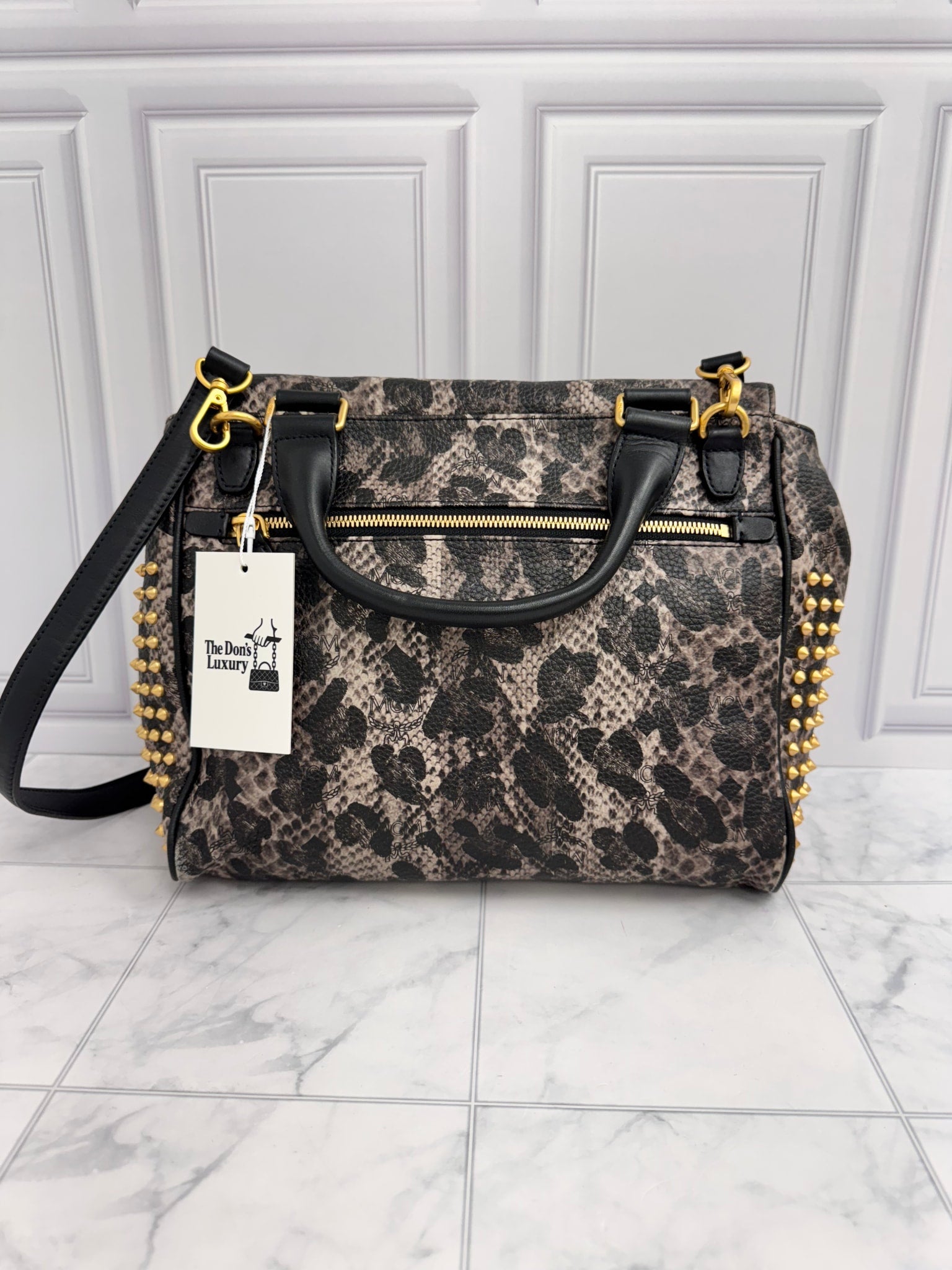 MCM Black & Leopard Print Leather Studded Crossbody Bag