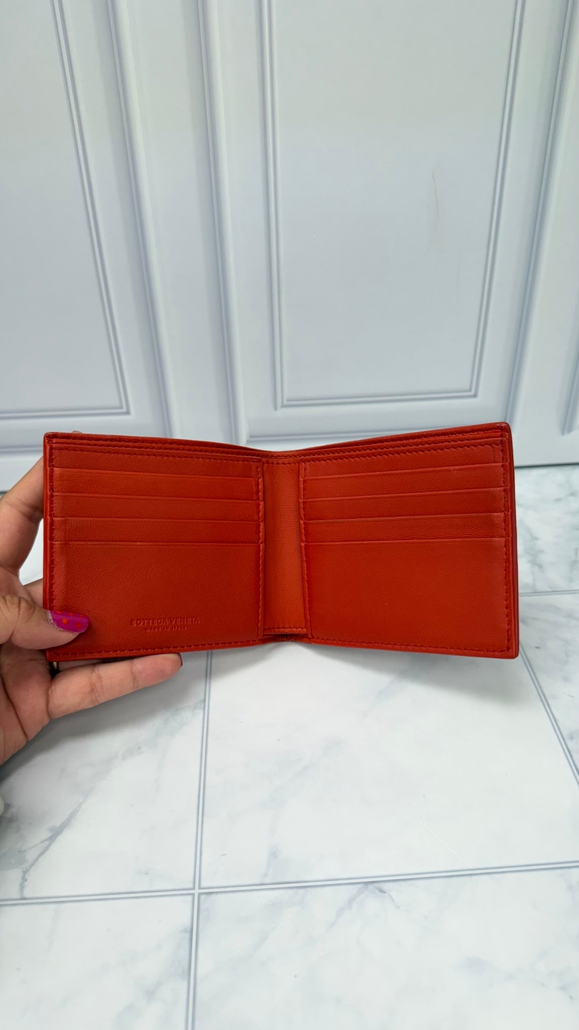 Bottega Veneta Orange And Cream Intrecciato Leather Bifold Wallet 
