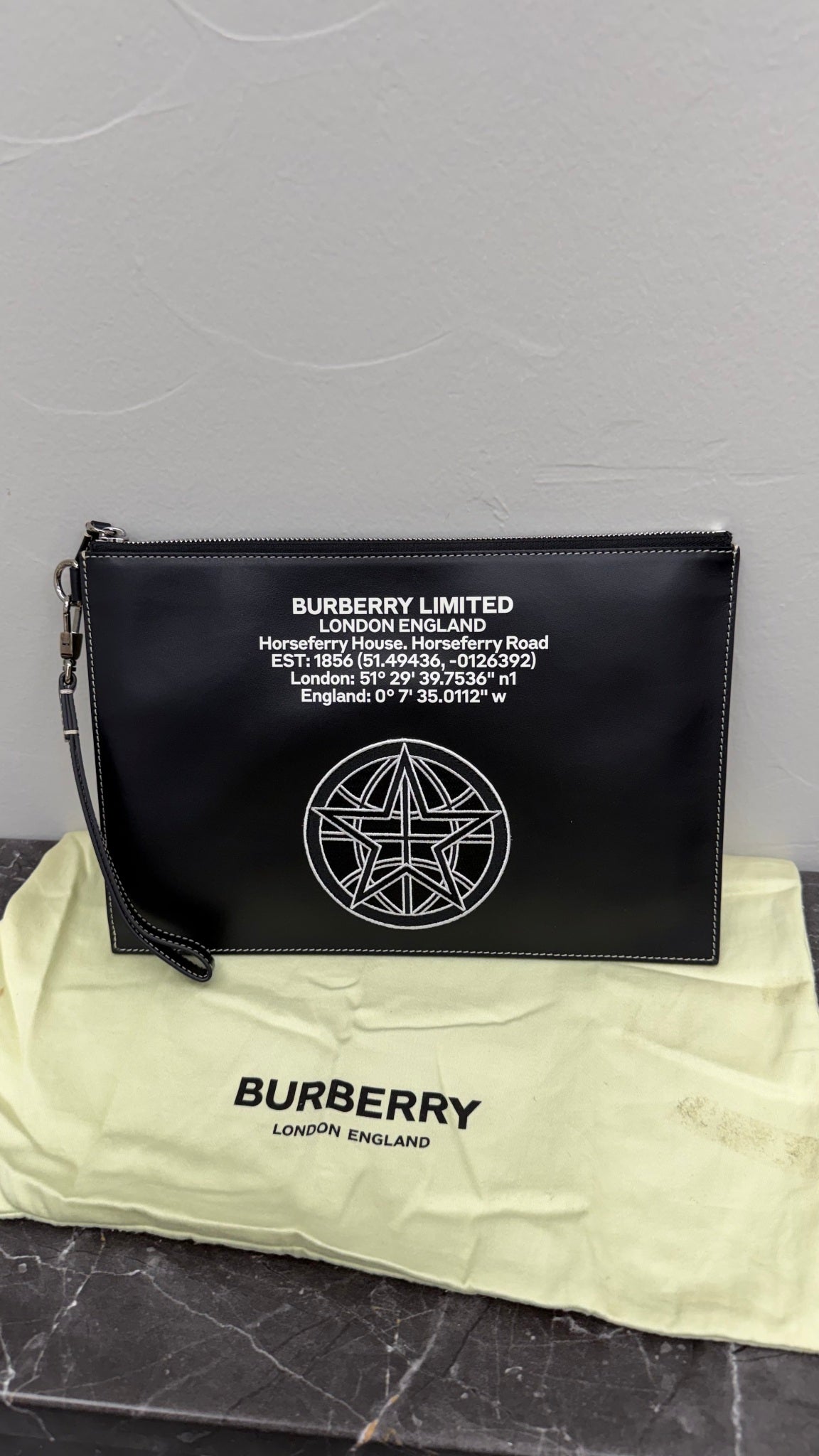 BRAND NEW- Burberry Black Leather Star Logo Location Wristlet Clutch