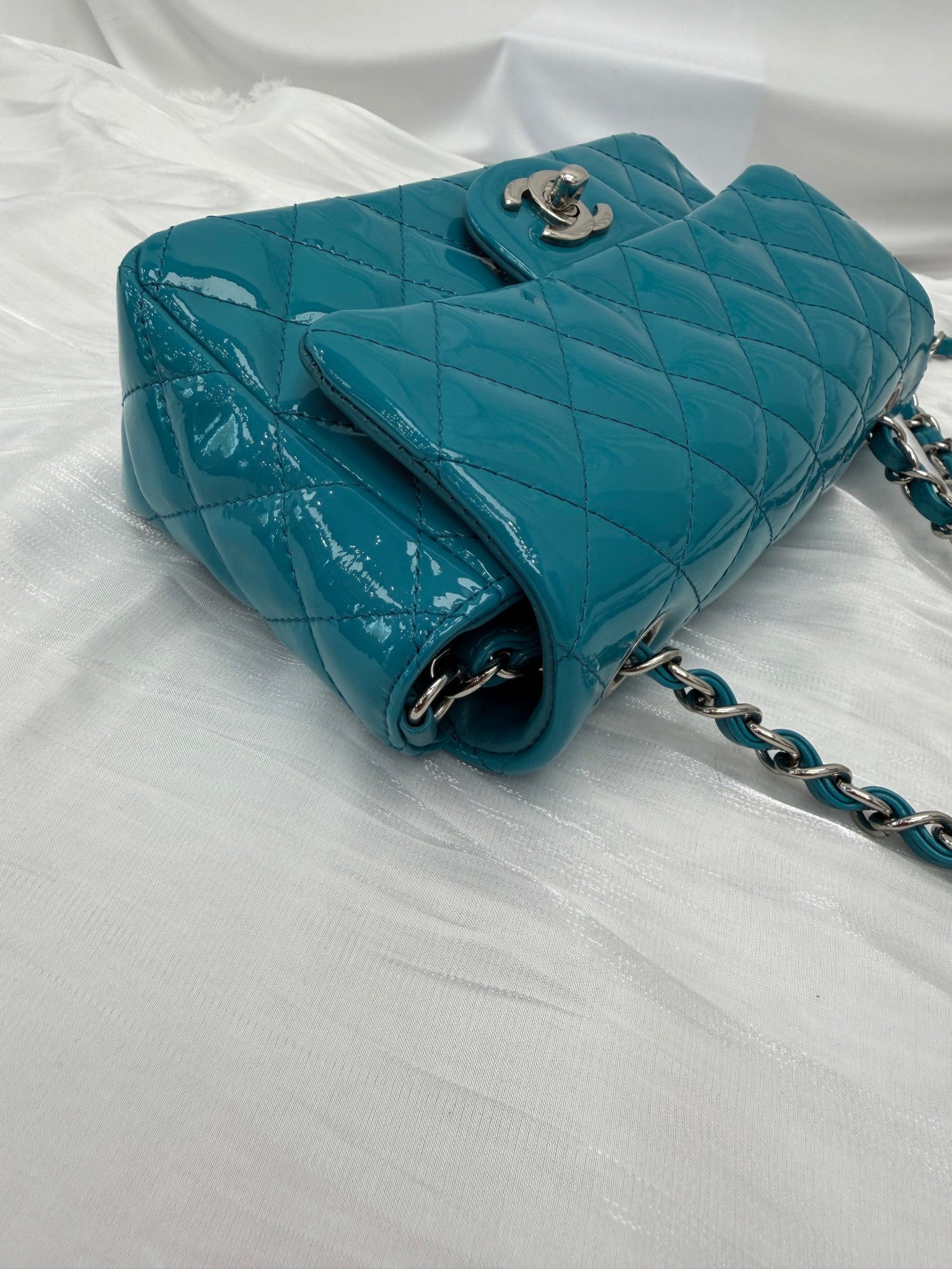 Chanel Teal Quilted Patent Leather Mini Flap Bag