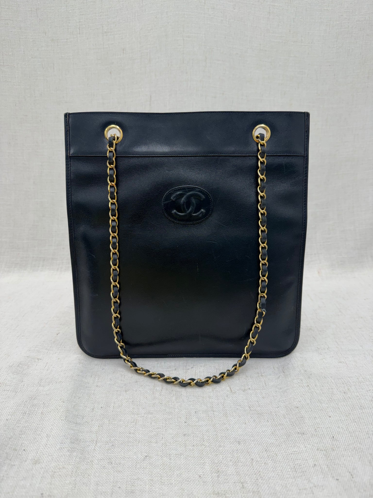 Chanel Vintage Black Leather CC Chain Tote